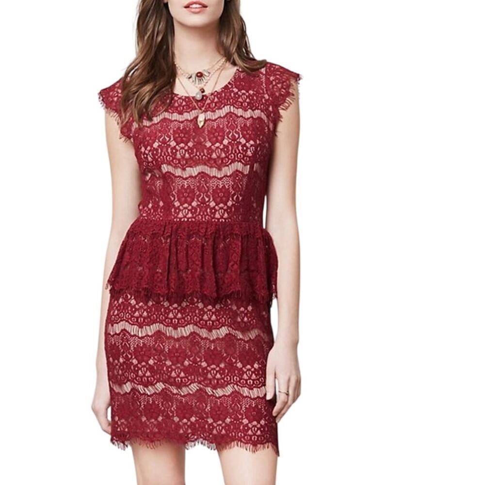 Maeve Anthropologie sz L red lace peplum dress bodycon maroon lined midi EUC
